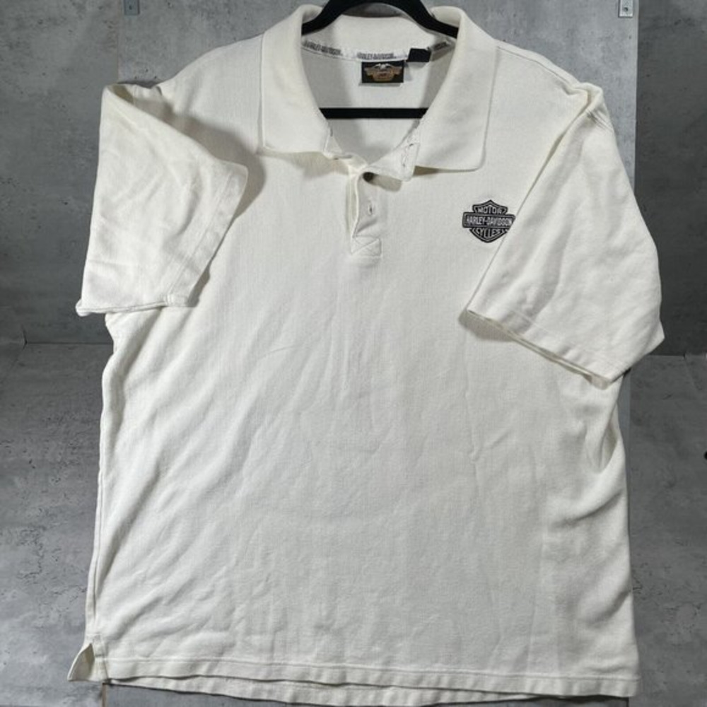 Harley Davidson Mens Polo Shirt Beige Cream Cotton Short Sleeve Size XL EUC‎